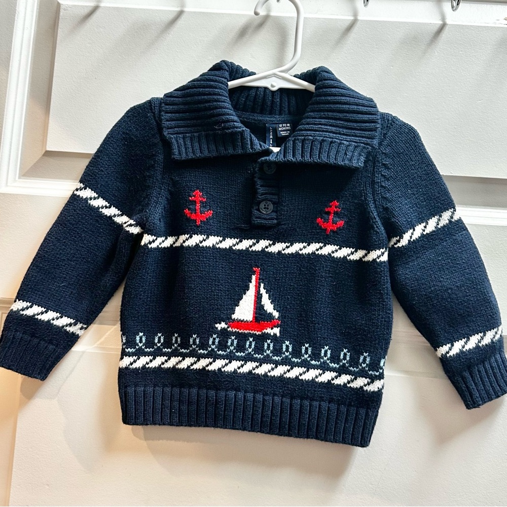 Janie and Jack Navy Sweater with Nautical Design. 12-18 months.